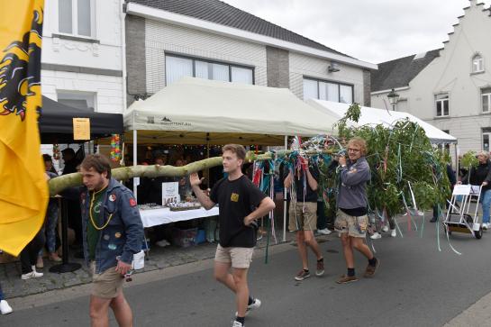 4 jongens die een meiboom dragen