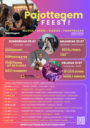 affiche Pajottegem Feest met aankondiging 4 zomeravonden met artiesten en onderaan lijst van lokale muziekevents in de zomer 2025