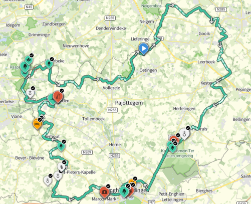 Kaart met fiets- of wandelroute van de grens van Pajottegem